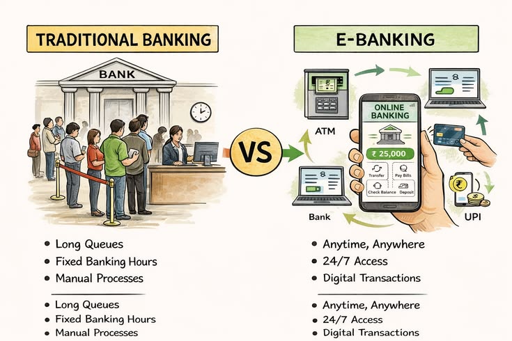 Digital banking and traditional banking comparison illustration
